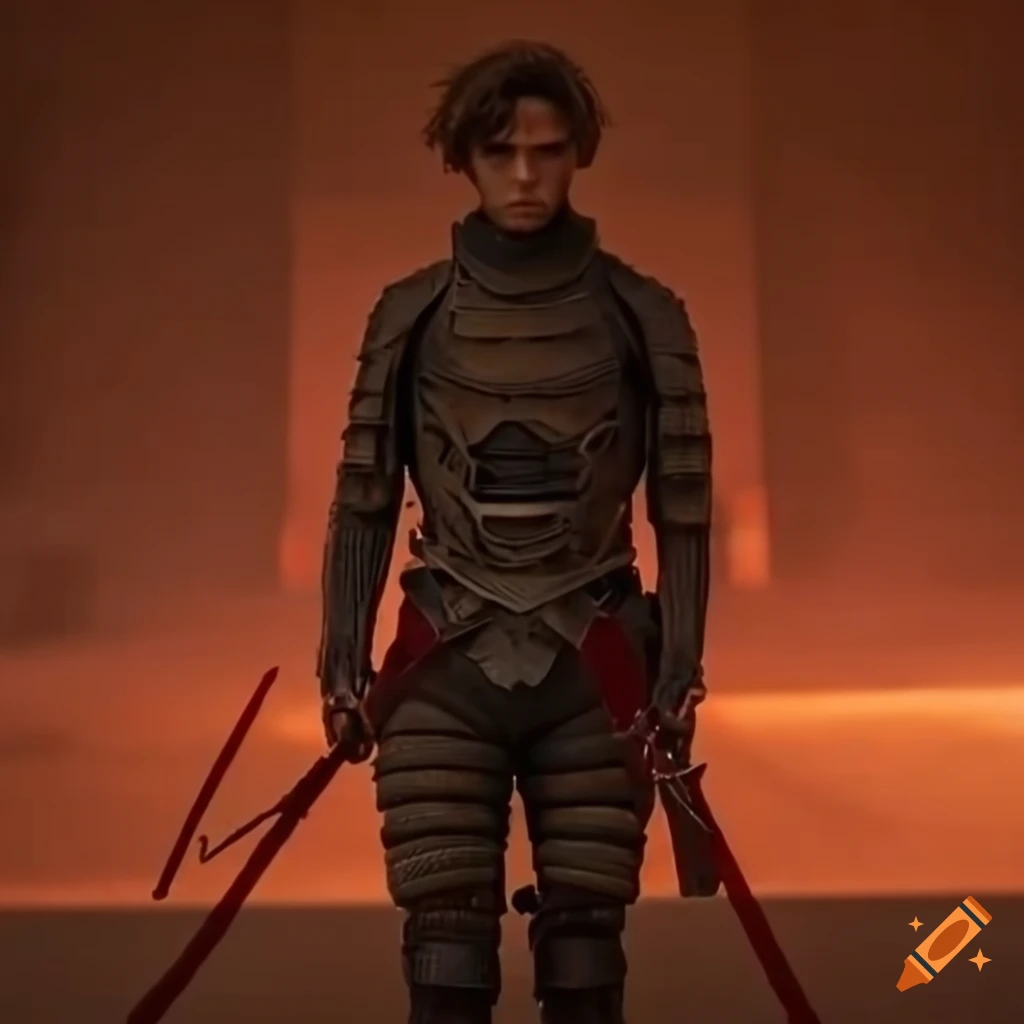 cinema still from 'Dune' of a cyberpunk sci-fi emperor's guard samurai