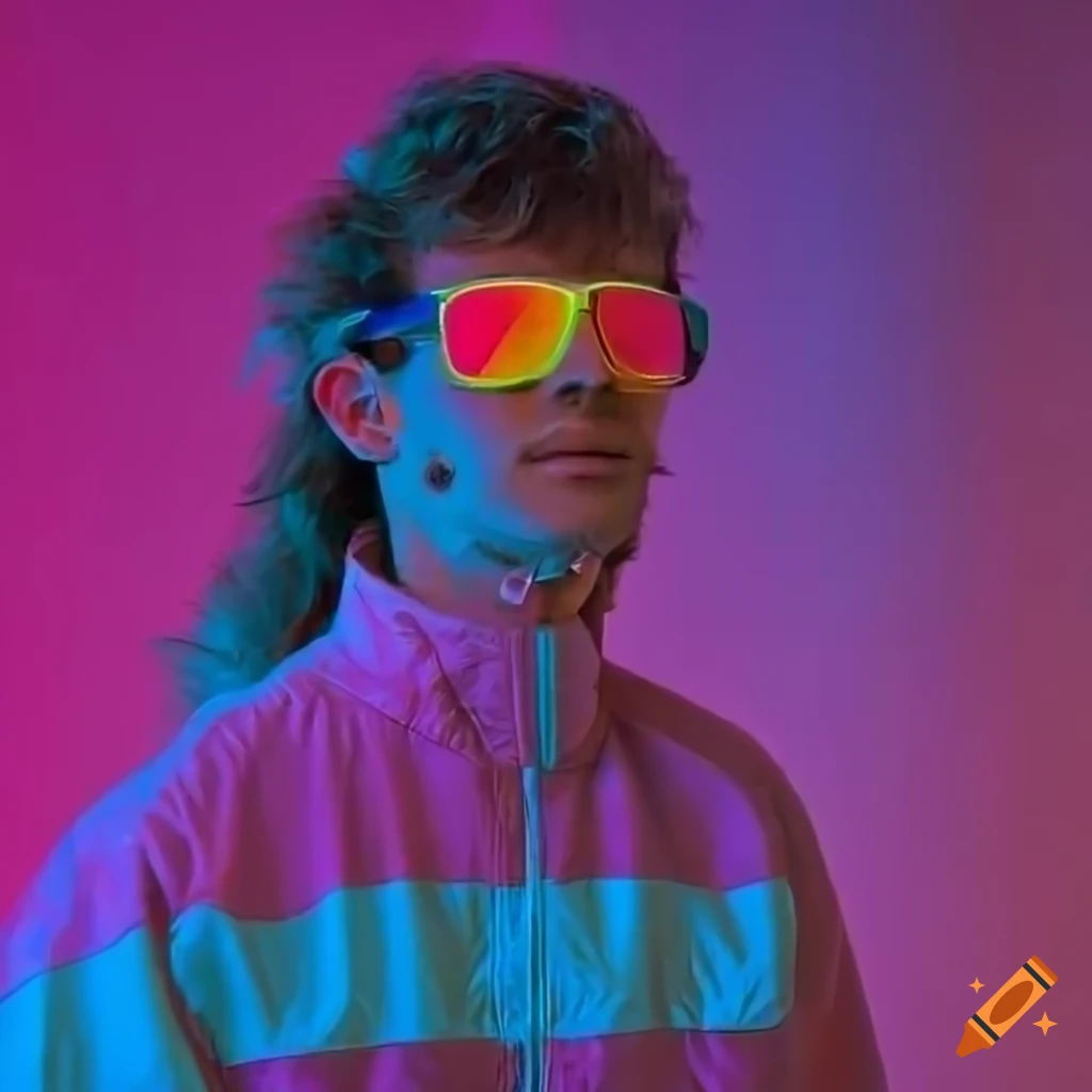 80s style portrait of a young man in neon windbreaker jacket