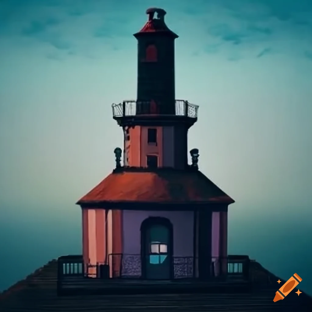 illustration of a coastal town with a mysterious lighthouse