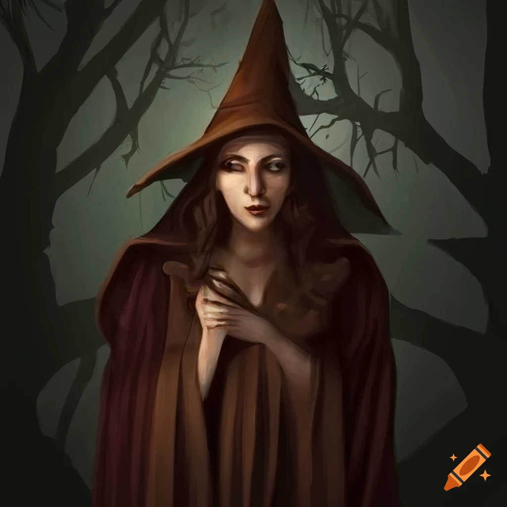 detailed fantasy illustration of a witch in a dark forest