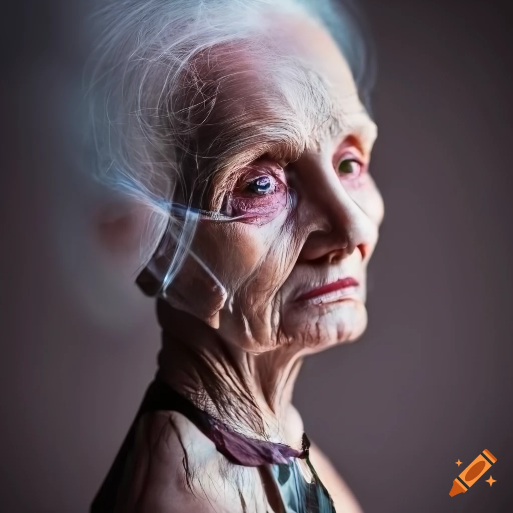 portrait of a futuristic old woman with 1960s fashion
