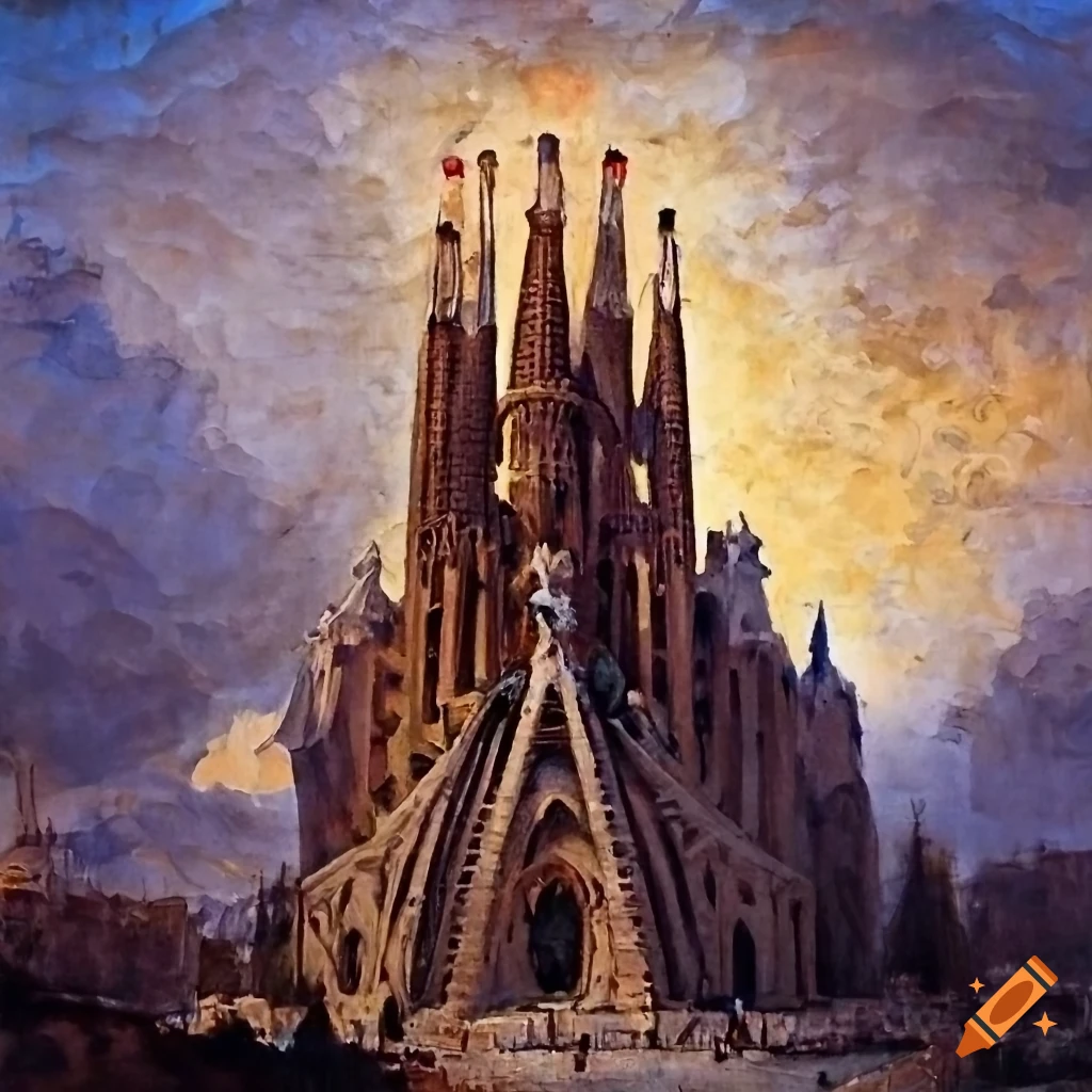 Oil painting of la sagrada familia cathedral in the style of friedrich ...