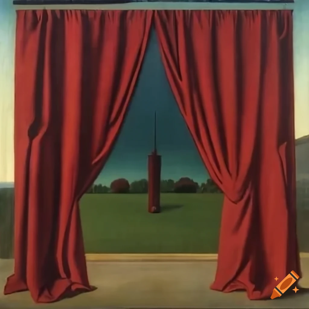 surrealistic painting of red curtains in a forest
