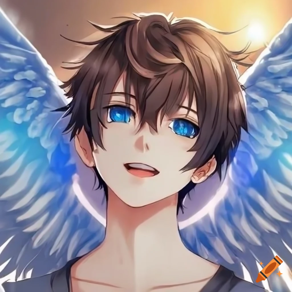 Anime character with curly black hair, golden wings, and silver eyes