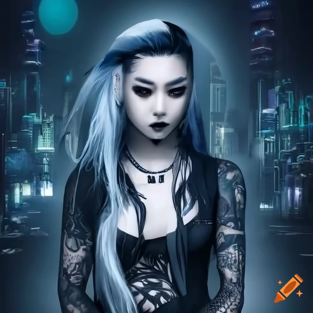 futuristic cityscape with a tattooed asian goth