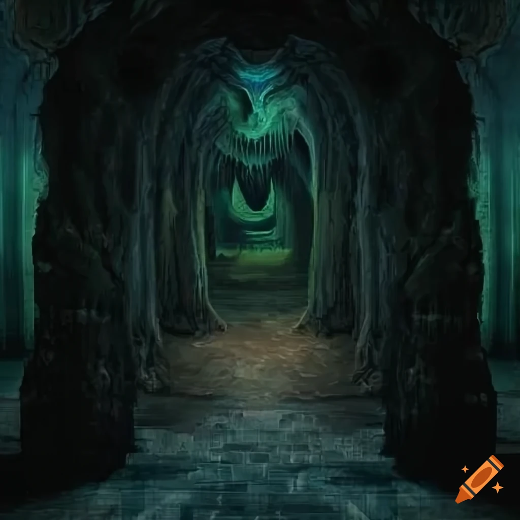 Symmetrical cave entrance with bone totems