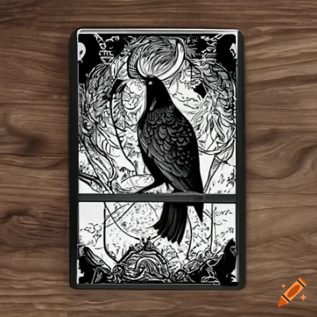 black and white illustration of a raven and tarot cards