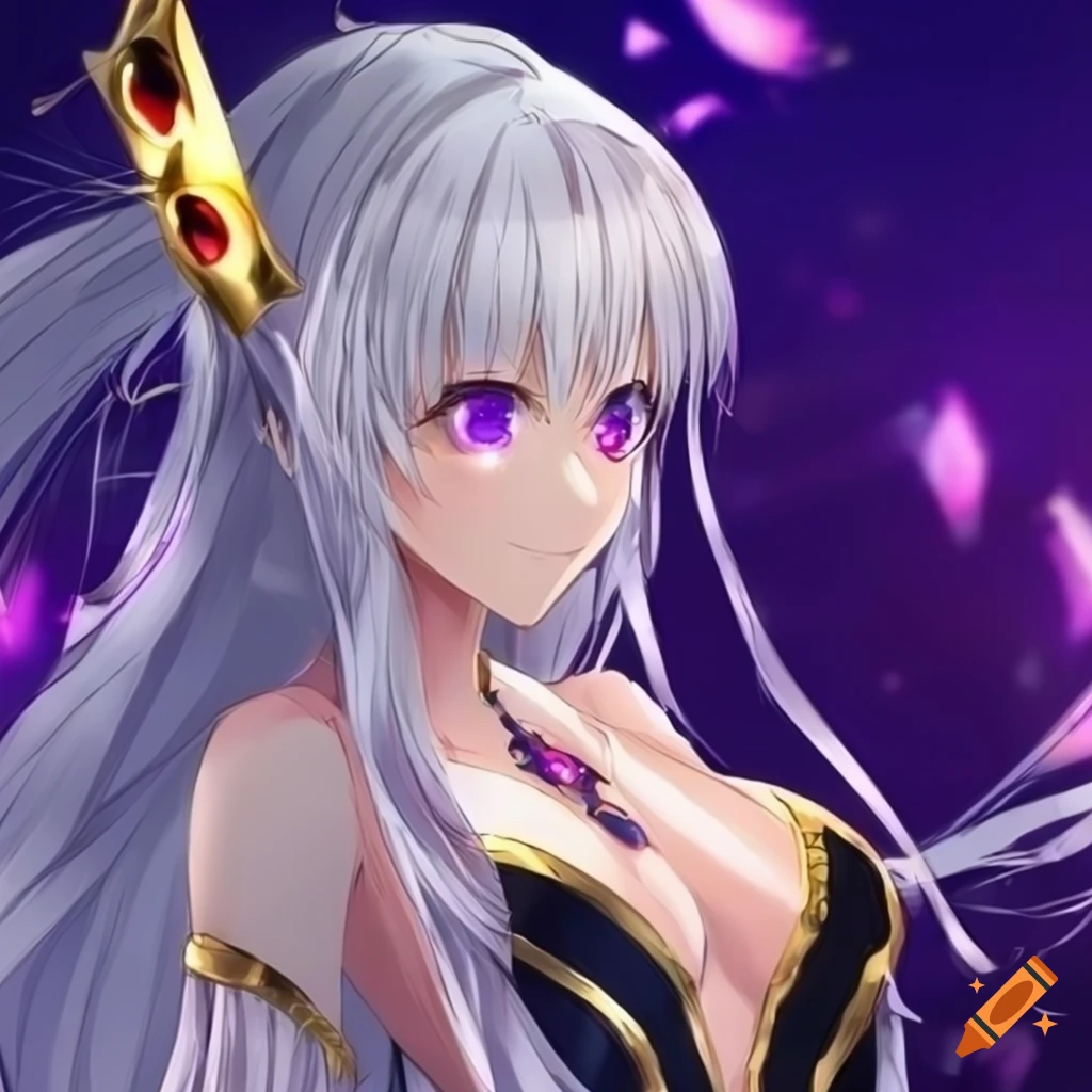 Anime Queen With Purple Eyes And Flowing Silver Hair On Craiyon