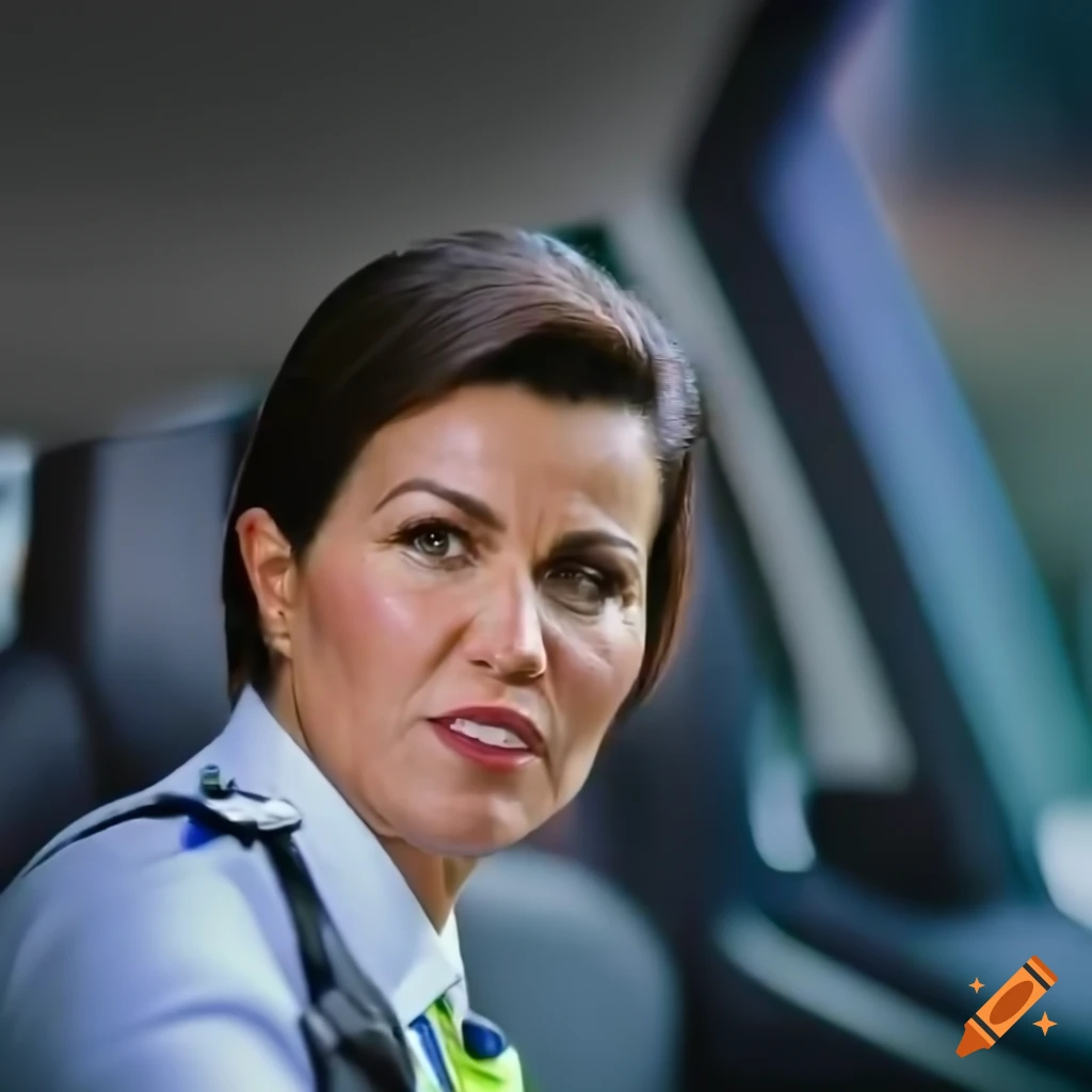 hyperrealistic illustration of a British policewoman in a police car