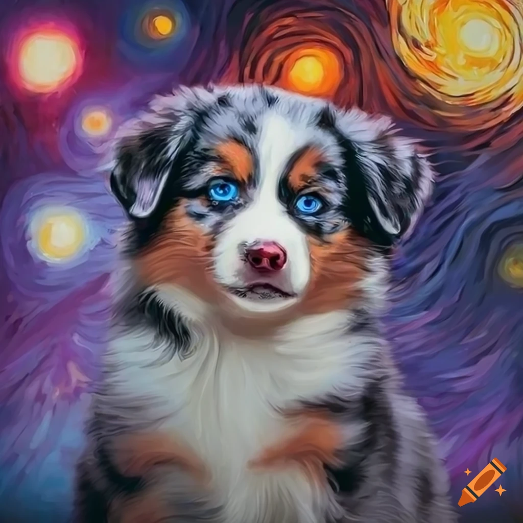 detailed portrait of a sitting Australian Shepherd puppy in Starry Night style