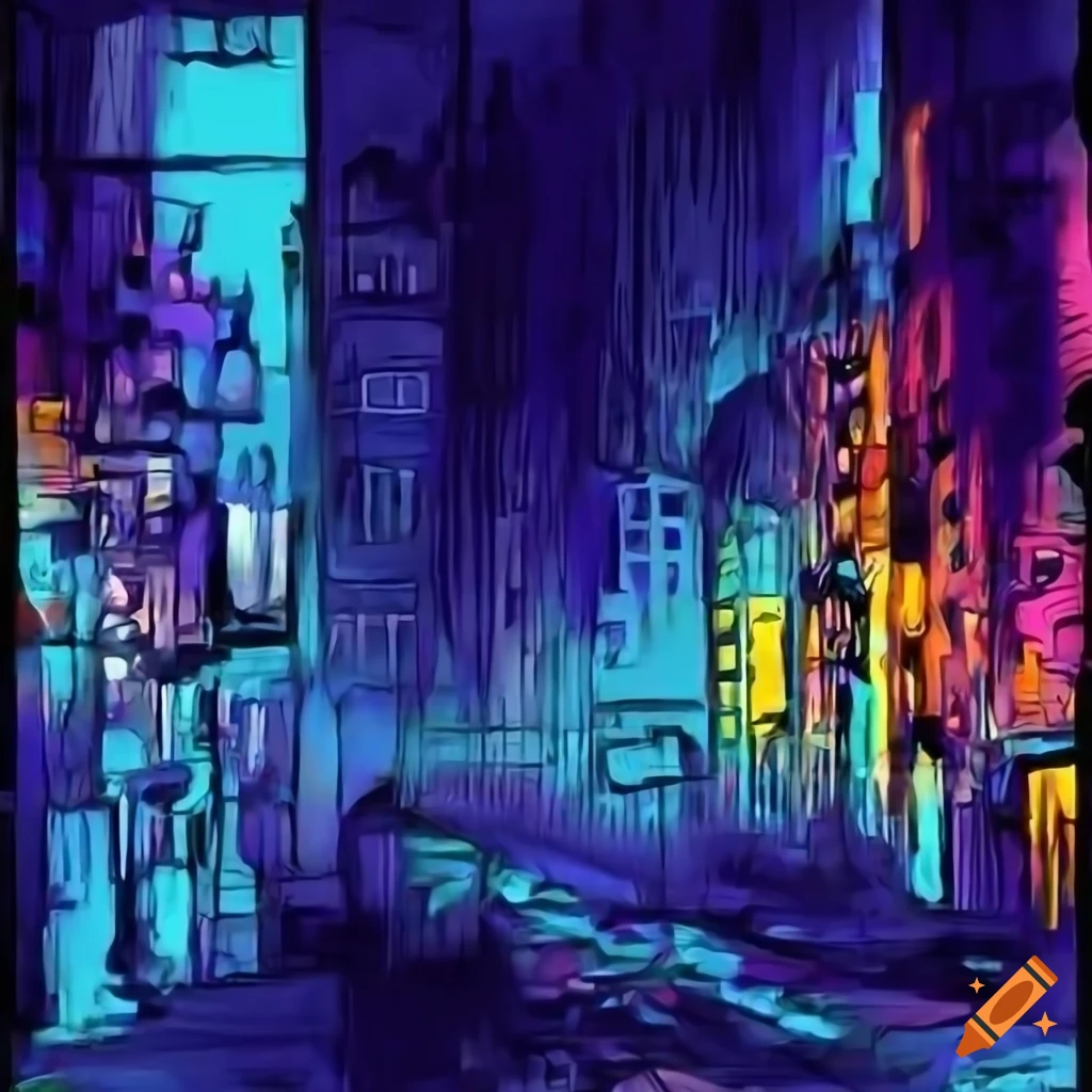 neon-lit cityscape at night in comic style
