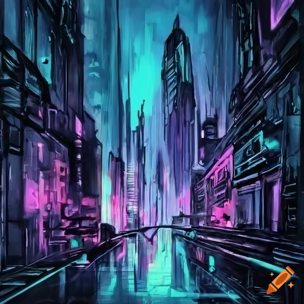 sketch of a neon-lit futuristic cityscape