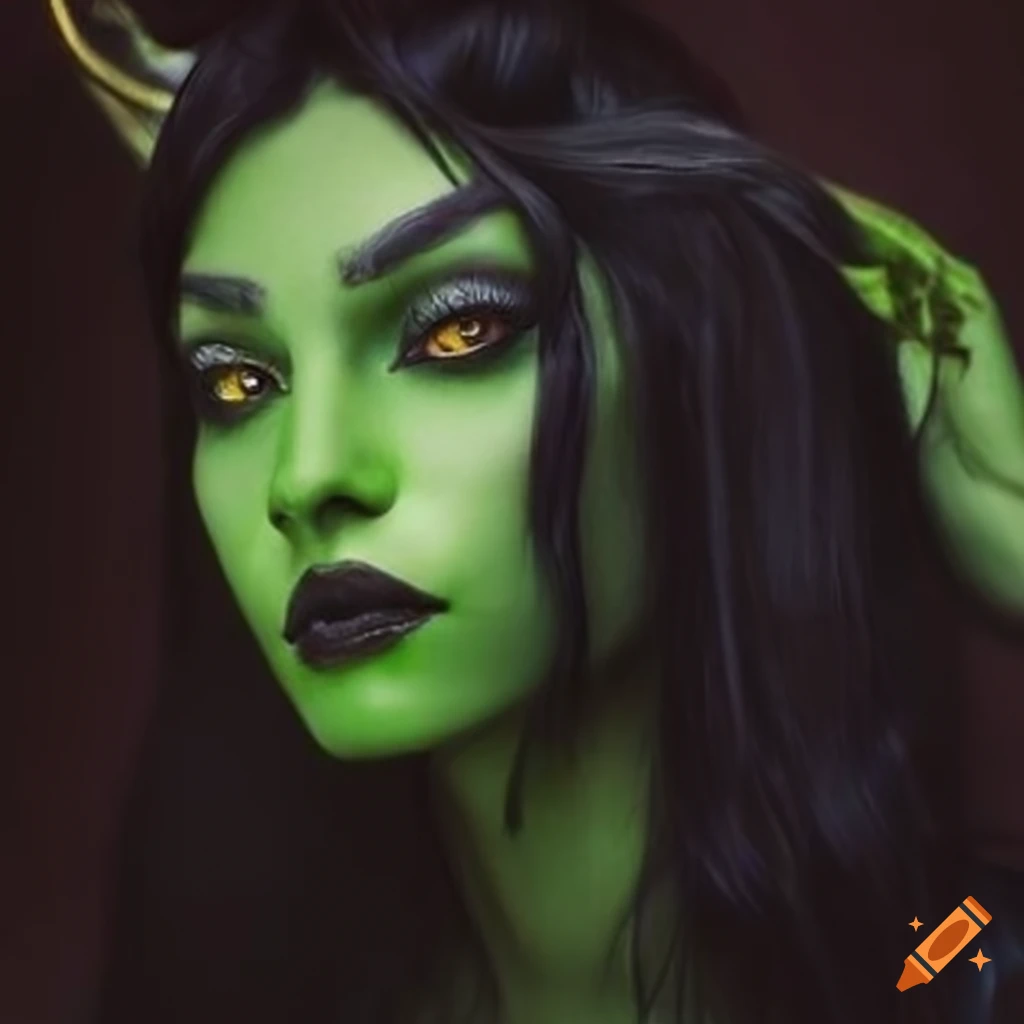 Portrait of a tiefling woman with green skin and black hair