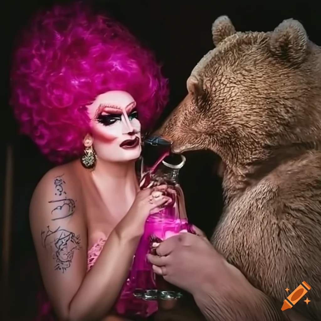excited grizzly bear and drag queen with cocktails
