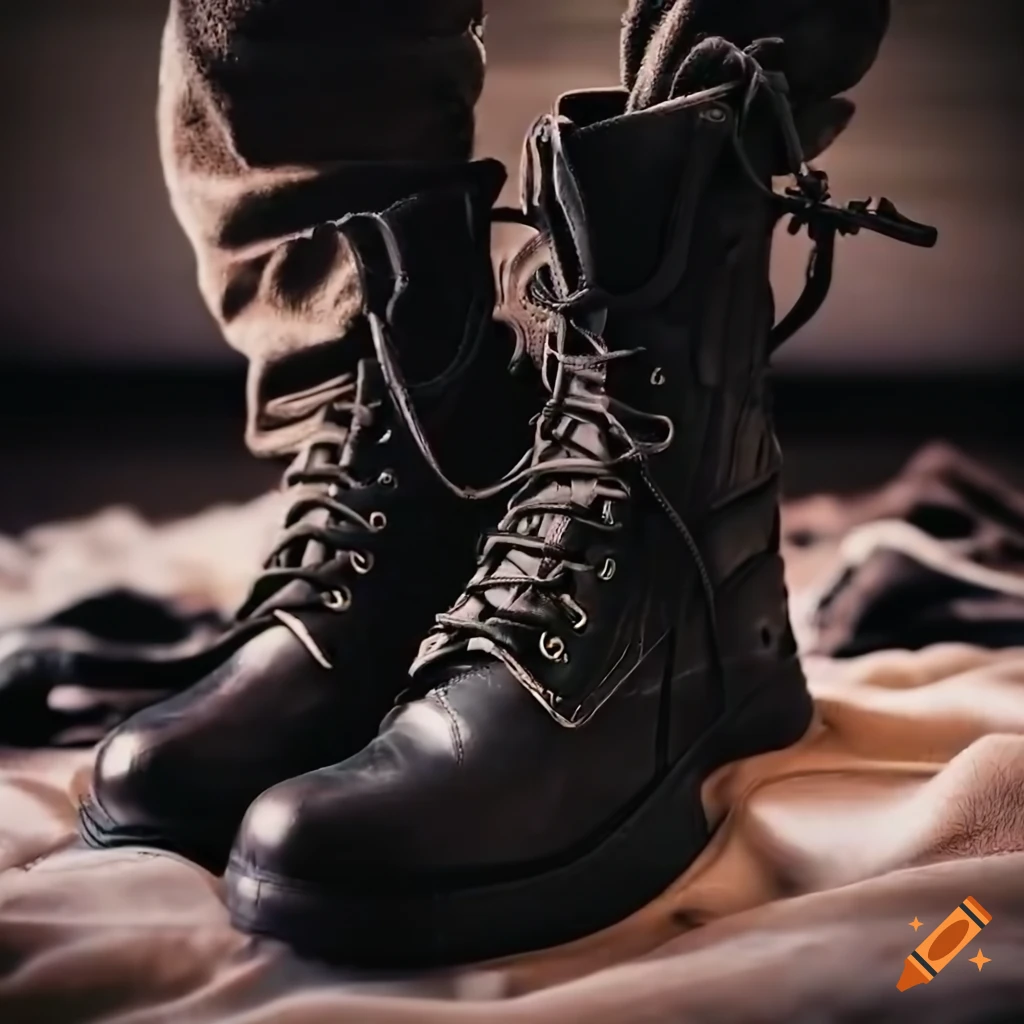 close-up of worn steel cap paratrooper boots on a cozy blanket