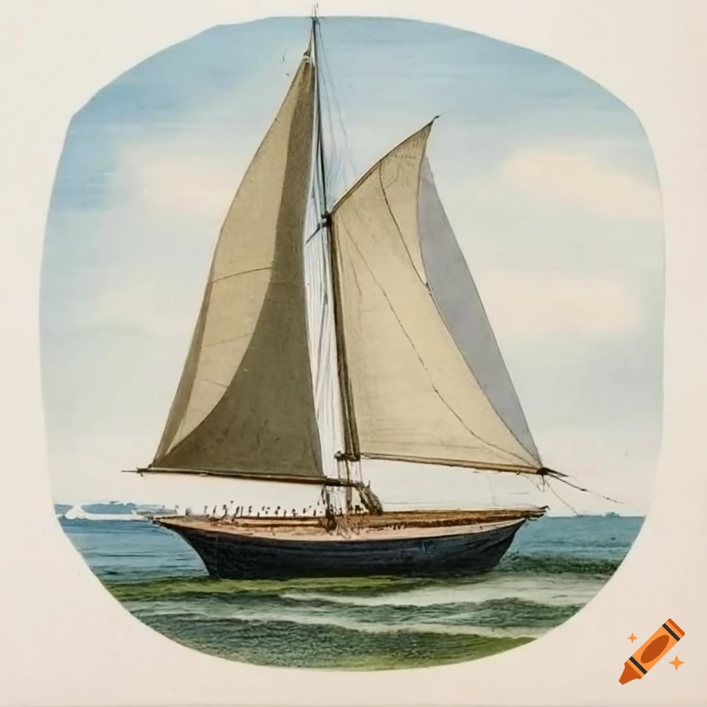 chomolithograph of a sailboat in white background