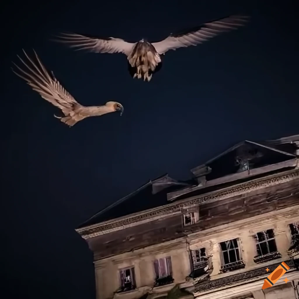Nighttime scene with vultures flying over an old mansion in a thunderstorm