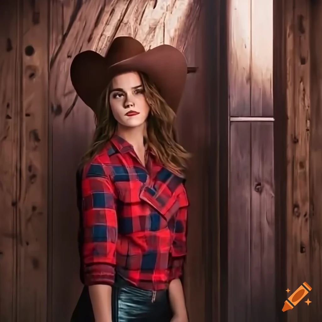 hyperrealistic painting of a cowgirl in a red plaid shirt and black leather shorts