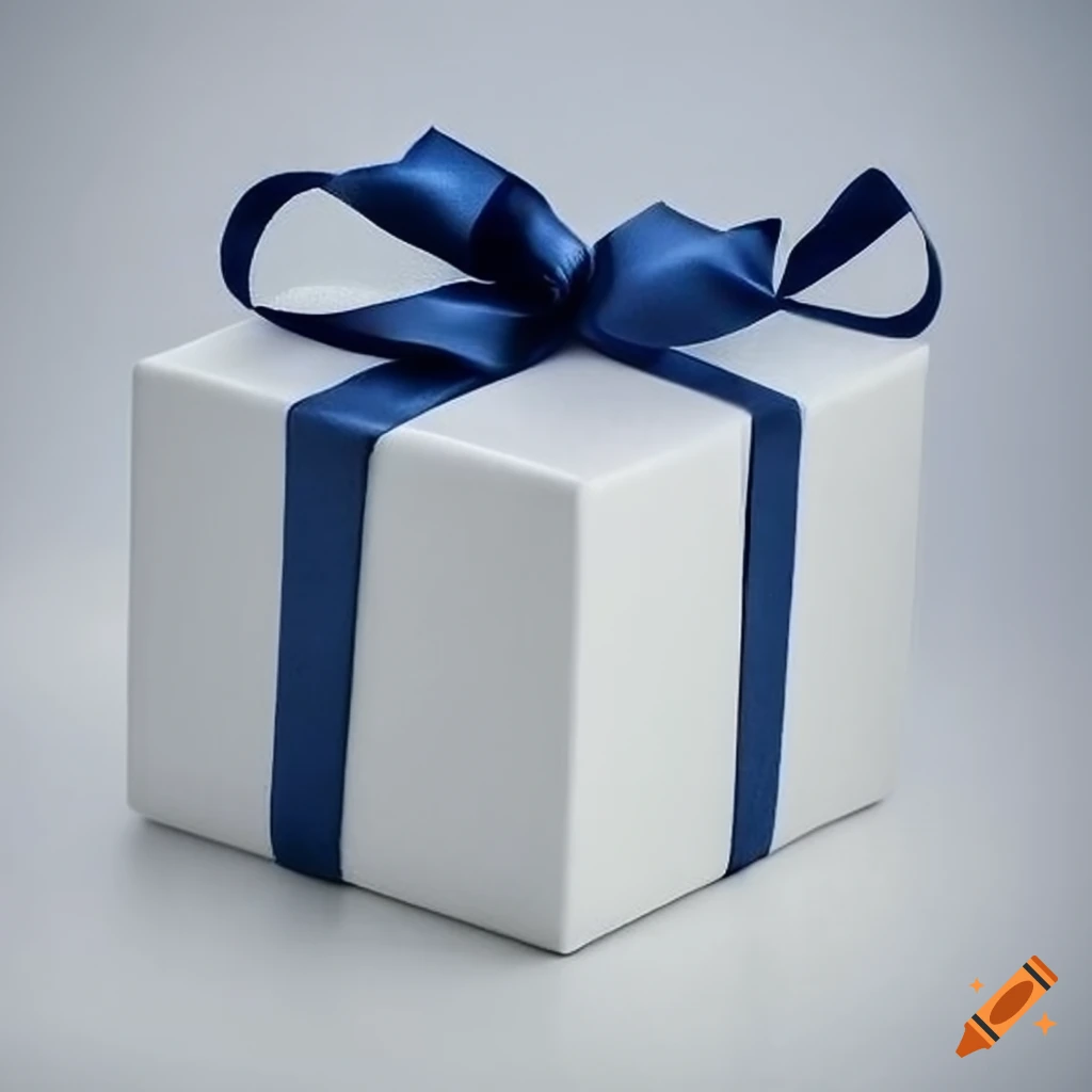 Elegant white gift box with dark blue satin ribbon on Craiyon
