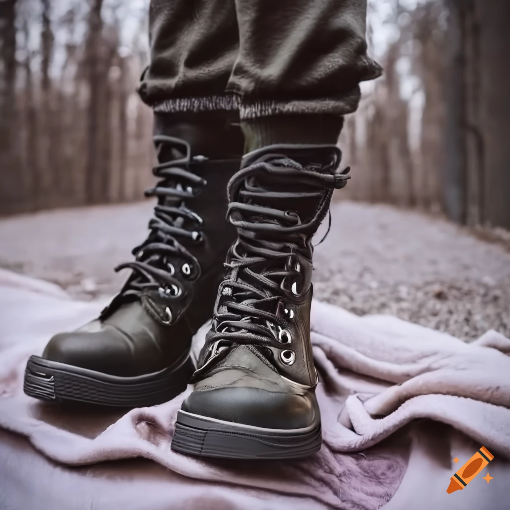 close-up of worn steel cap paratrooper boots on a cozy blanket