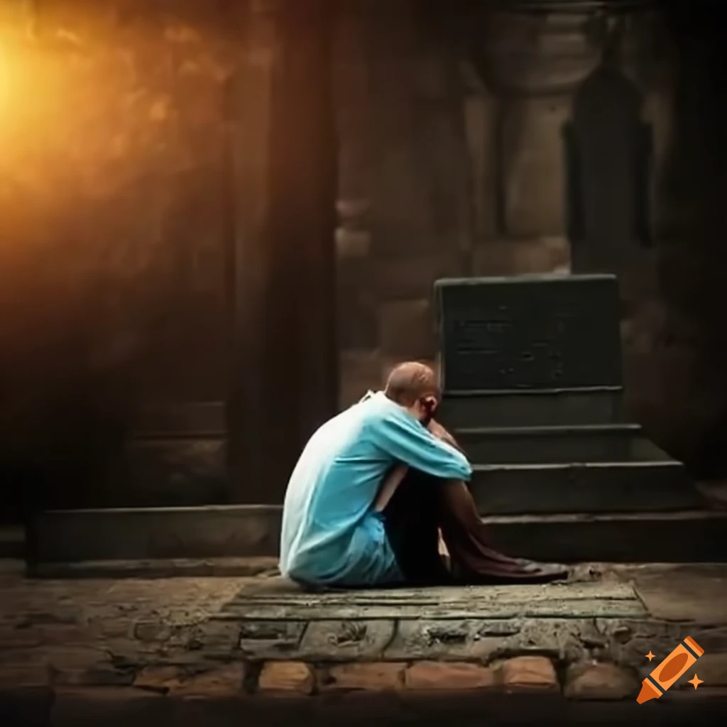 man sitting in front of a tombstone