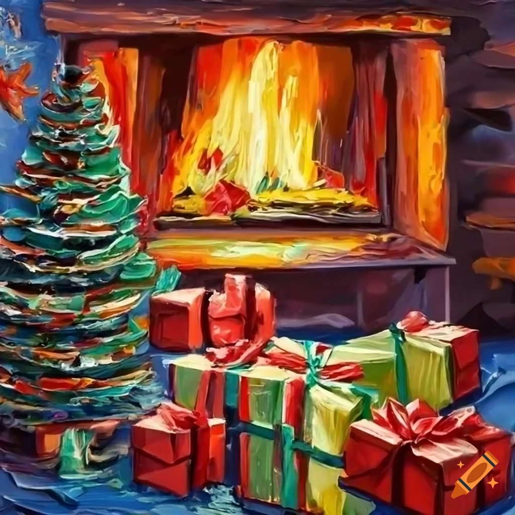 Christmas tree painting with presents by the fireplace