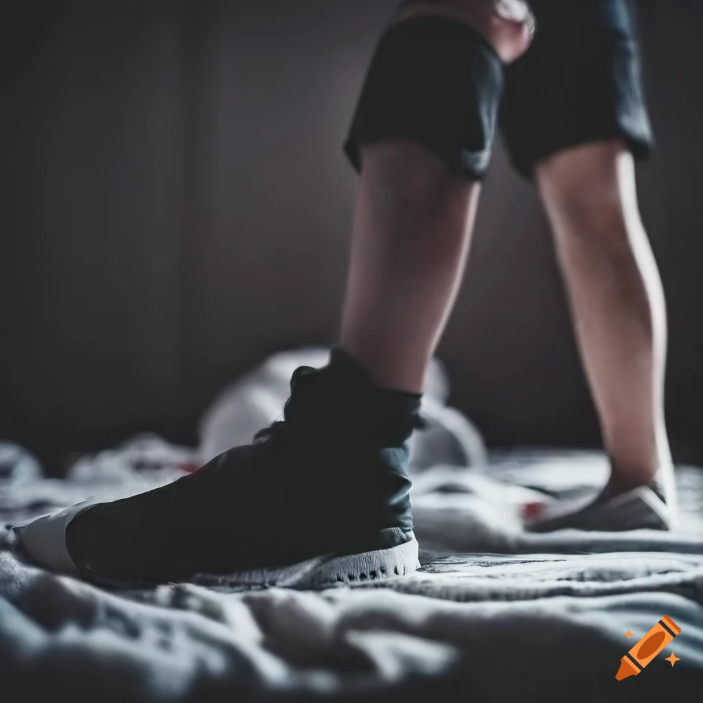 high definition image of a teen male MMA fighter walking on a cozy blanket