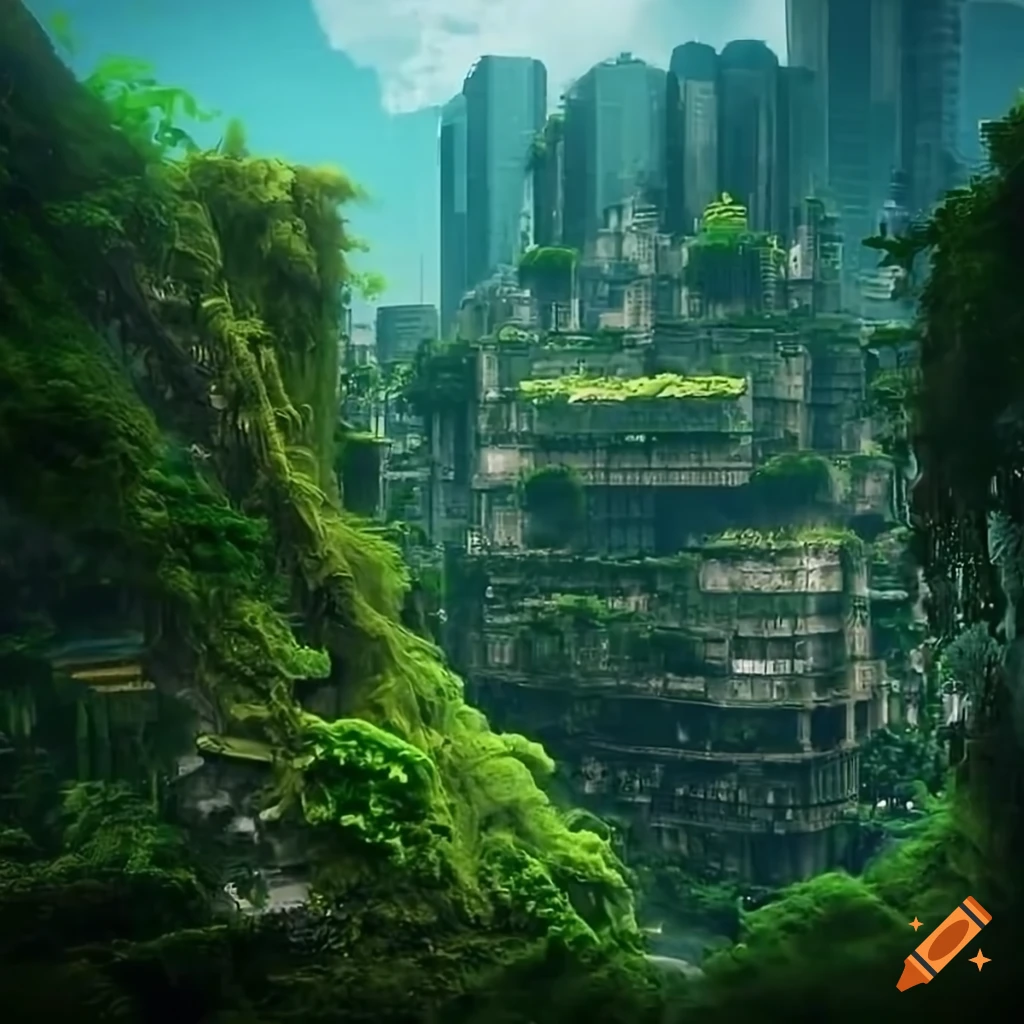 Futuristic green solarpunk city with lots of trees