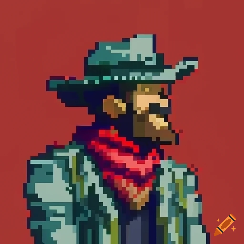 Red outlaw walking in pixel art style on Craiyon