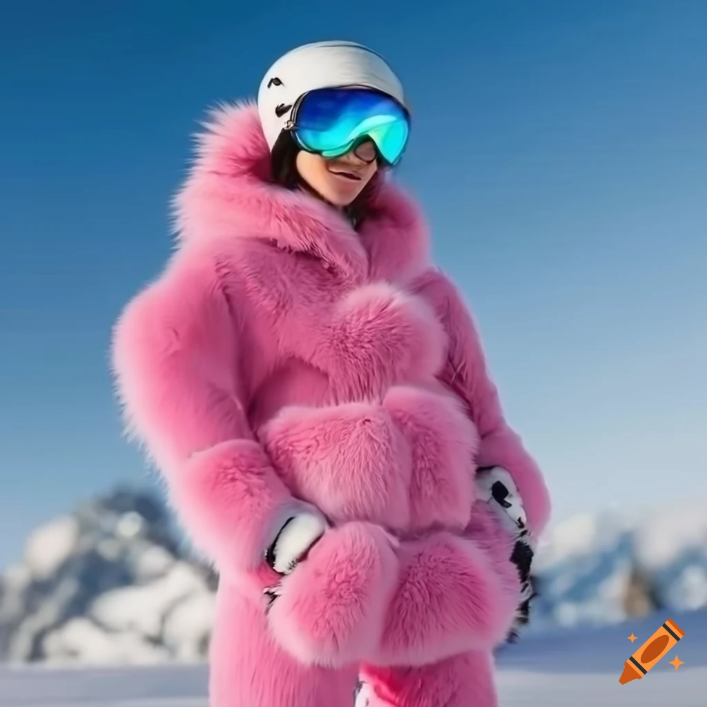 Woman skiing in a fluffy pink fur ski suit on Craiyon