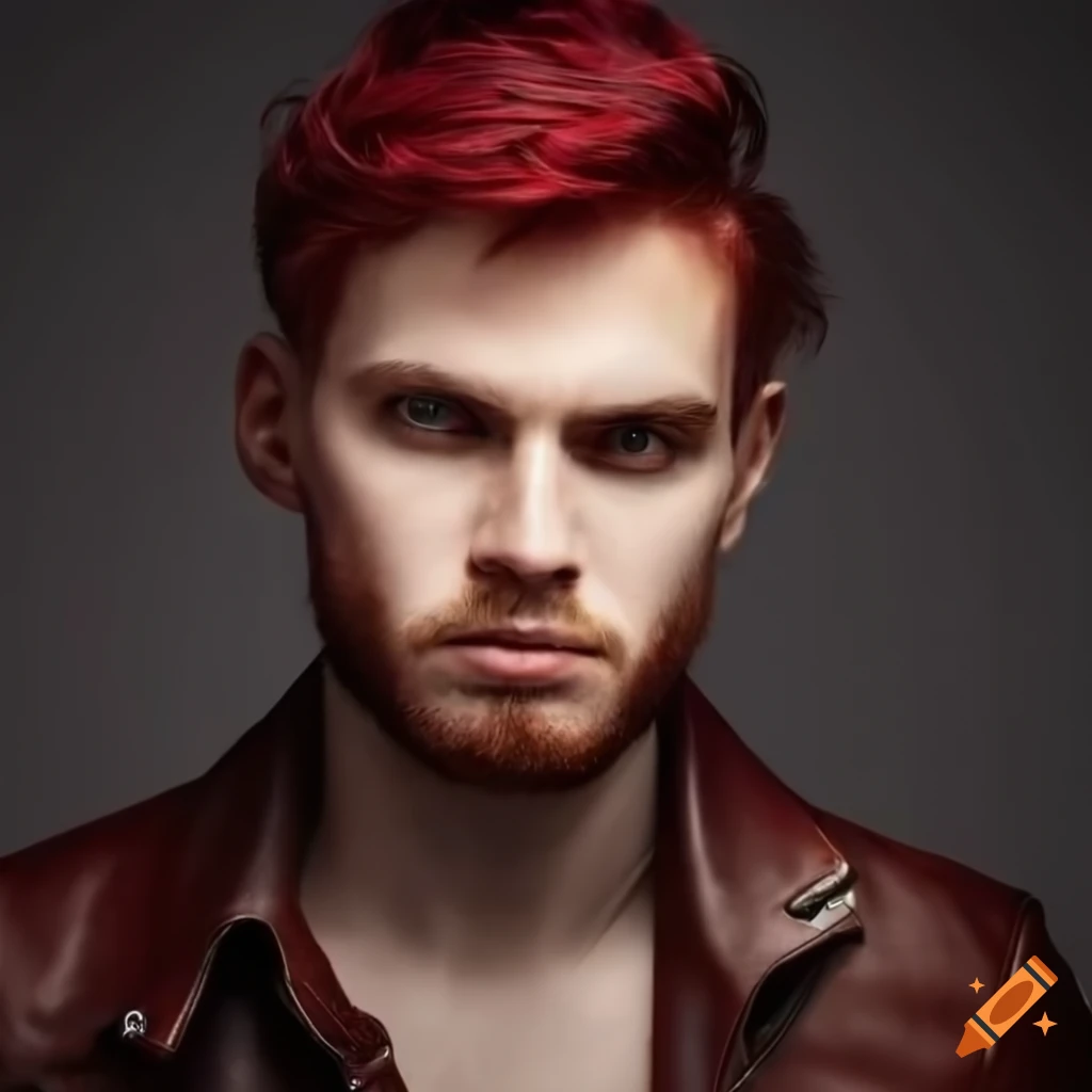 elegant man with short wavy dark red hair and beard