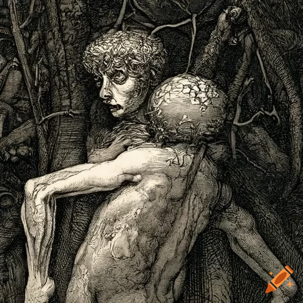 surreal etching of adolescent boys made of flowers and mushrooms