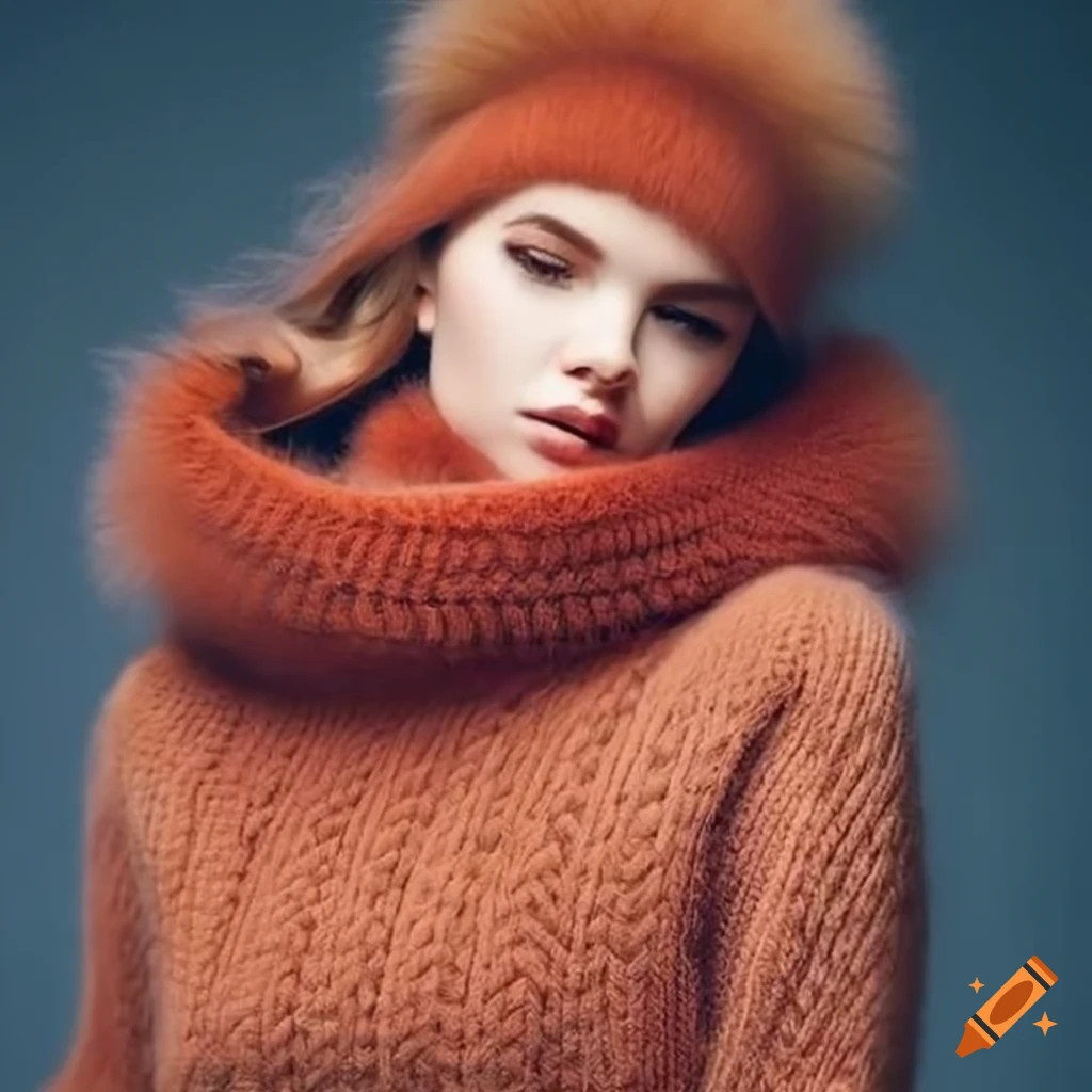 Woman wearing a chunky knit turtleneck pullover and winter accessories