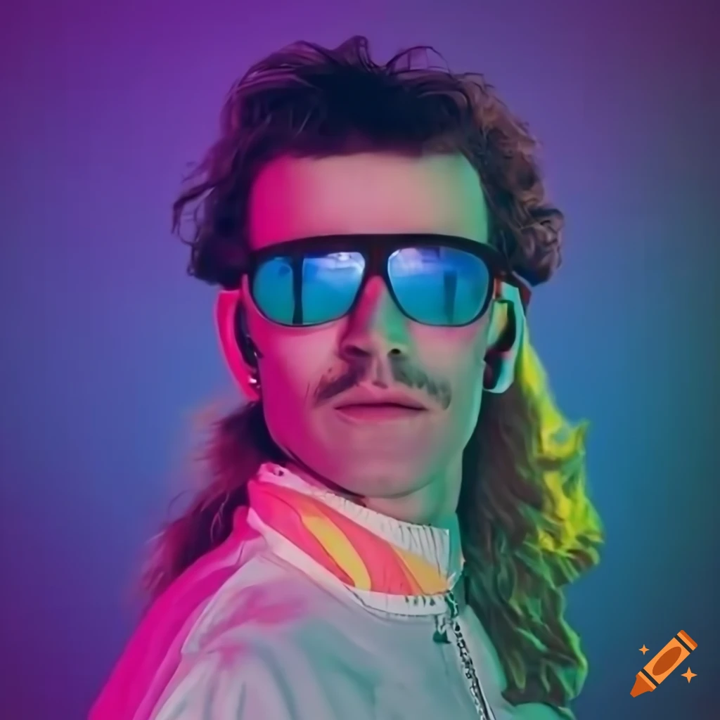 young man in 80s style outfit and neon sunglasses