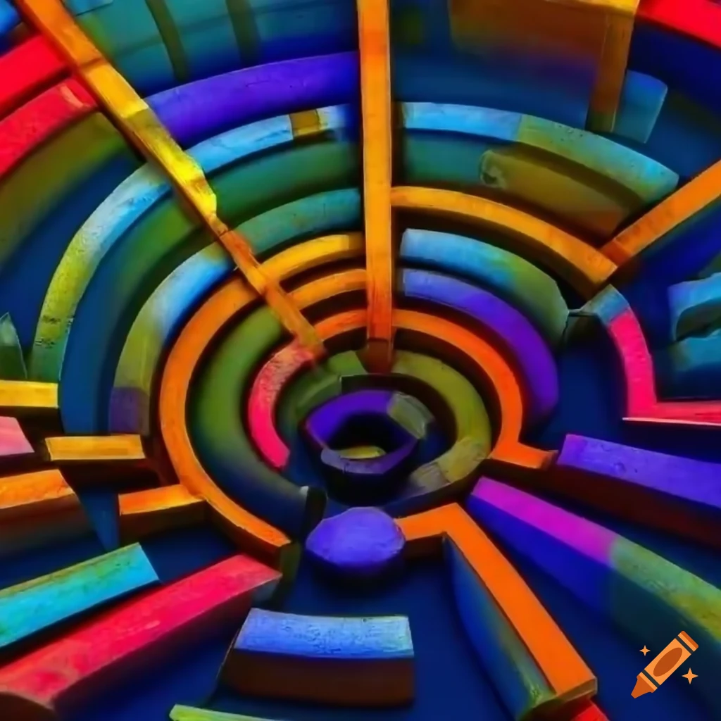 colorful photorealistic broken metal maze