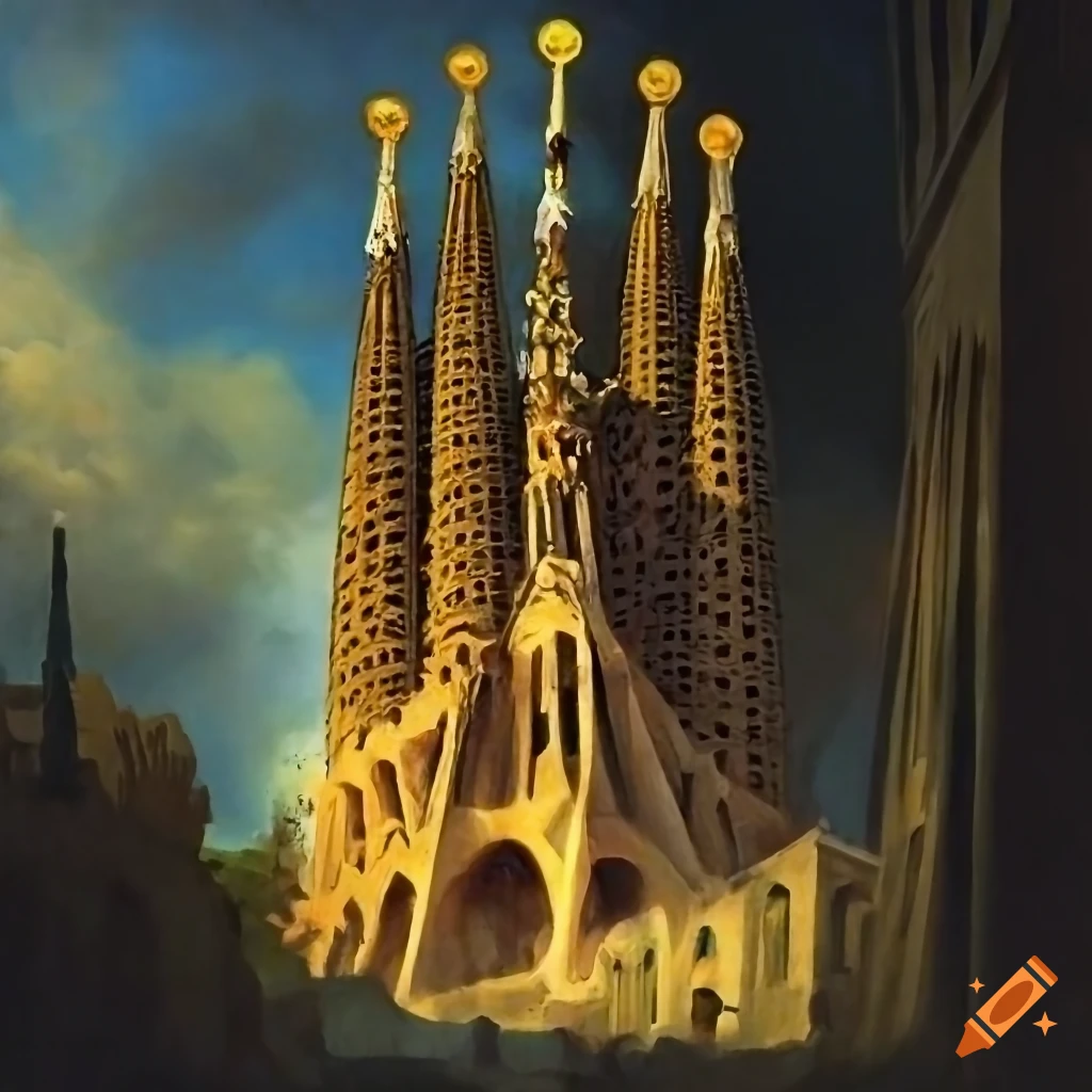 Eerie oil painting of la sagrada familia cathedral on Craiyon