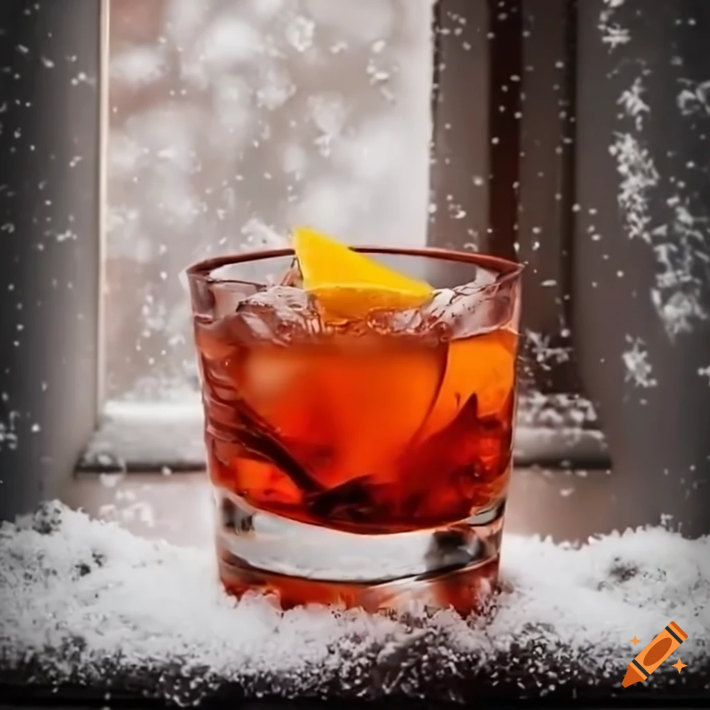 Negroni cocktail with snowy window view