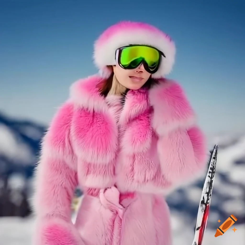 Woman skiing in fluffy pink fur ski suit on Craiyon