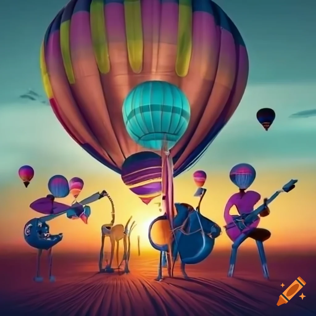 whimsical scene with floating hot air balloons and musical animals