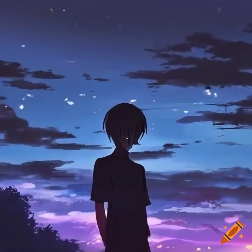 Silhouette of an anime boy in a scenic sunset on Craiyon