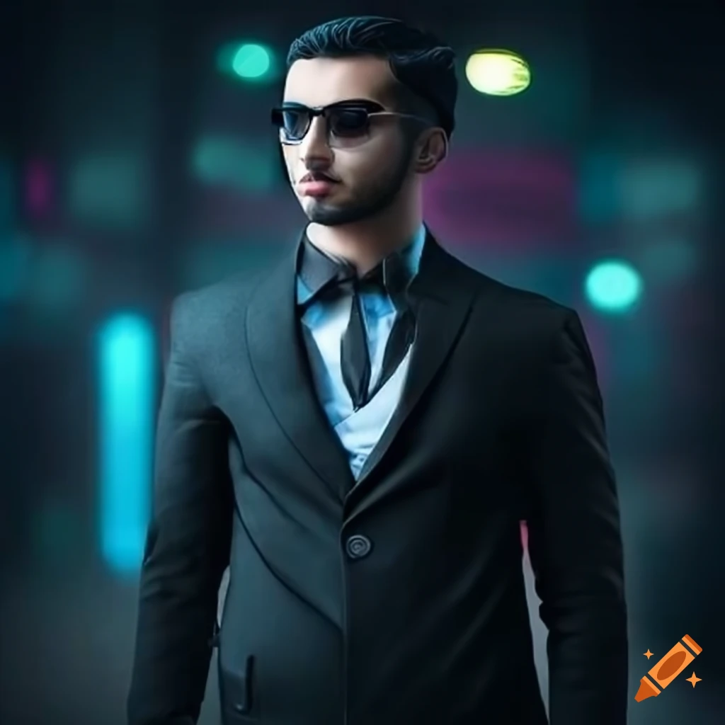 image of a trendy young Persian cyberpunk bodyguard executive