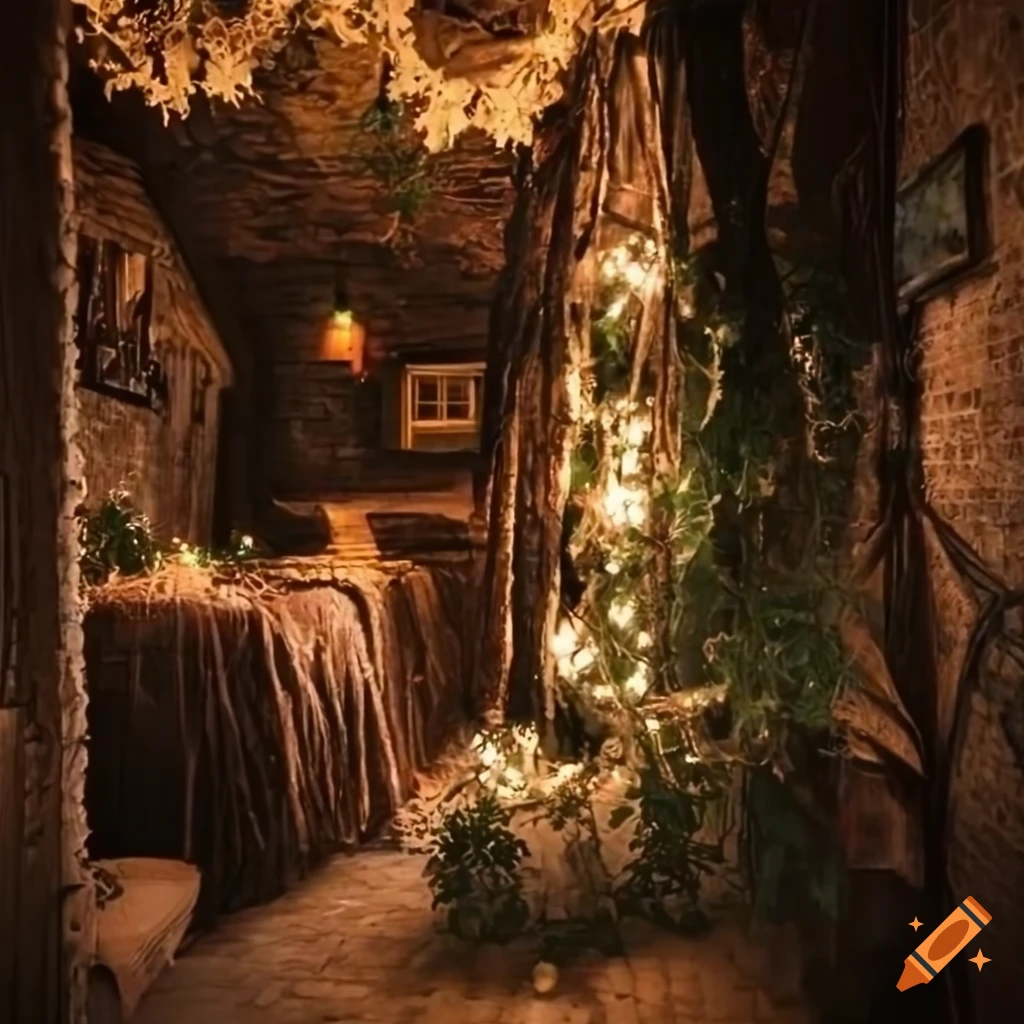 Decorative ivy vines with fairy lights in a witch's hut on Craiyon