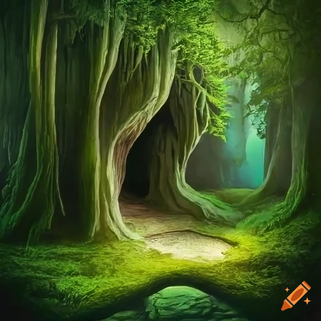 Fantasy artwork of a mystical grove with an entrance to a limestone cave on  Craiyon