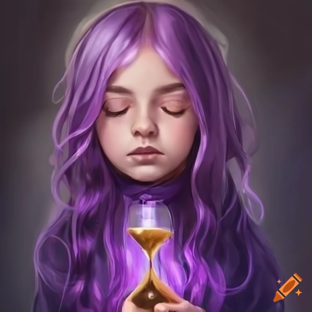 Book cover of a young witch with purple hair holding a golden hourglass