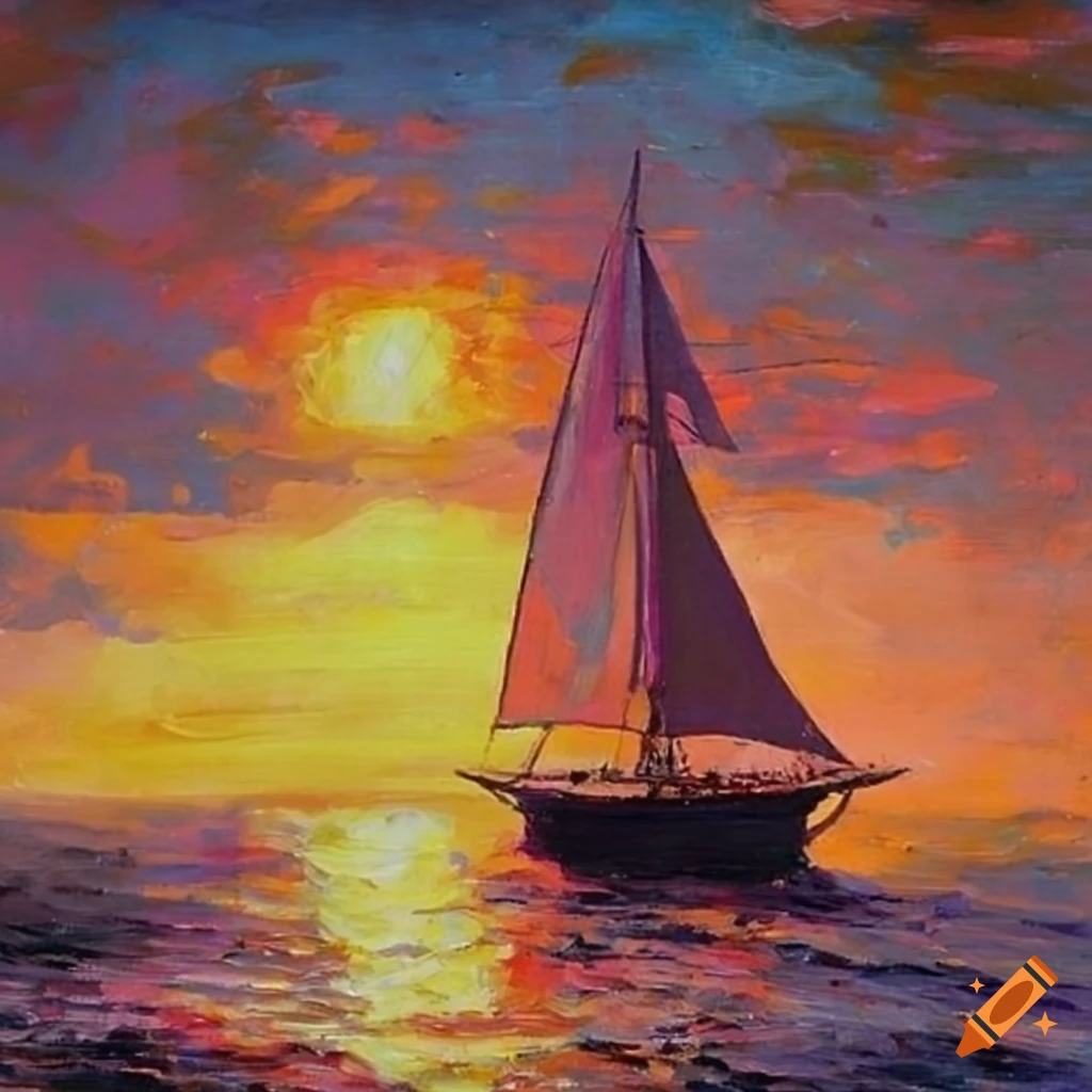 Impressionist painting of a sailboat at sunset on the waves on Craiyon