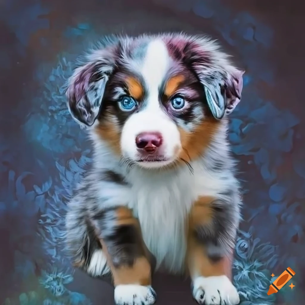 portrait of Australian Shepherd puppy in Starry Night style