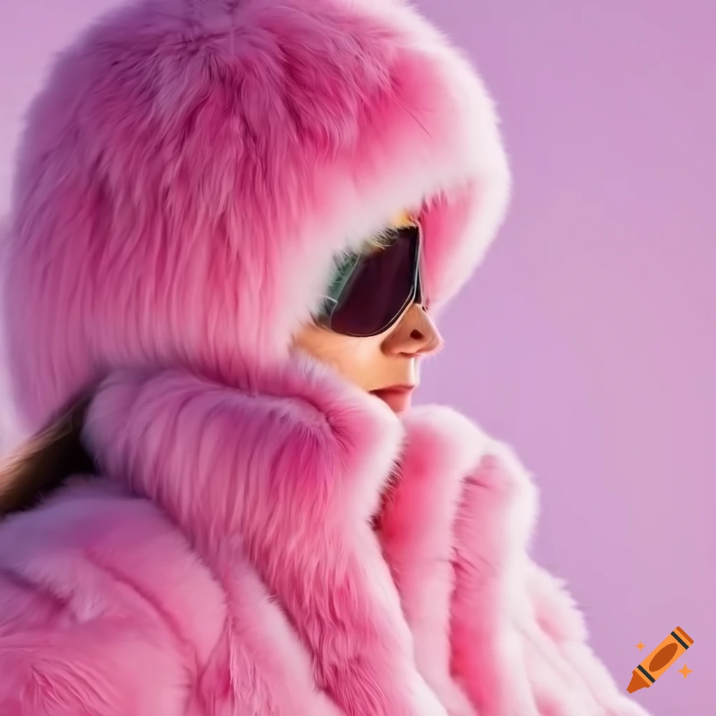 Woman skiing in pink fur ski suit on Craiyon