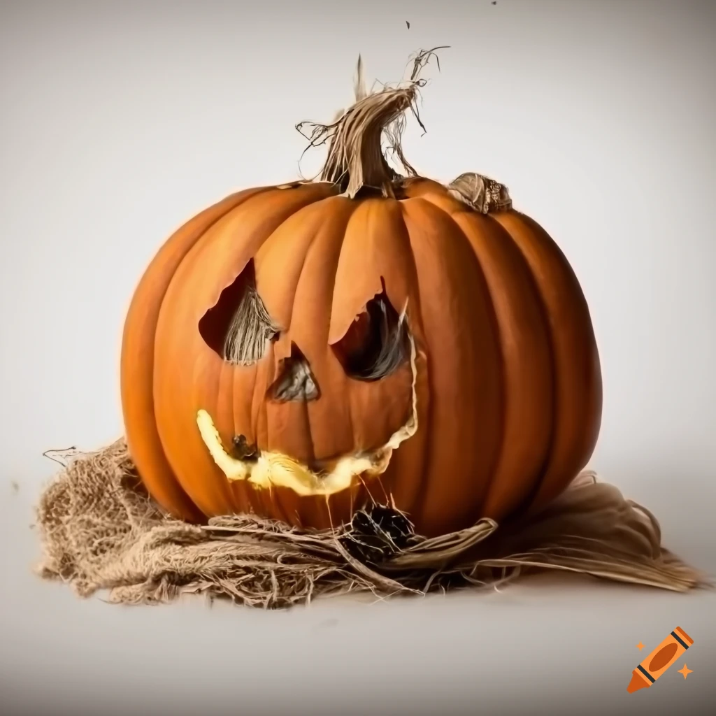 photorealistic image of an old creepy scarecrow pumpkin