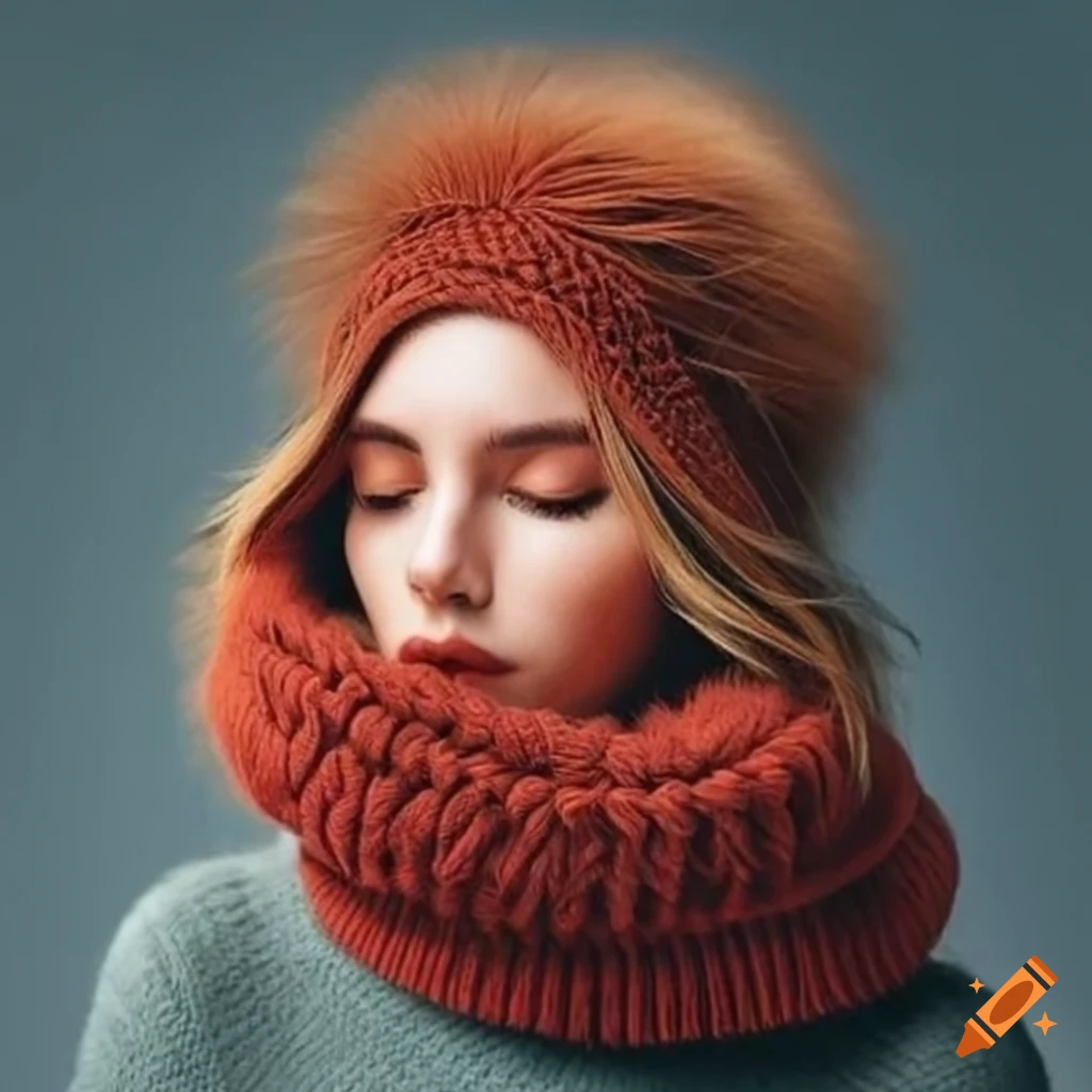 Woman wearing a chunky knit turtleneck pullover and winter hat with fur ...