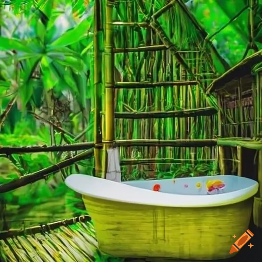 Bathroom in a bamboo house with flowers